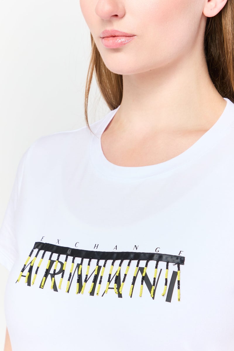 Armani Exchange Women Crew Neck Short Sleeve Graphic Print T-Shirt, White - Image 3